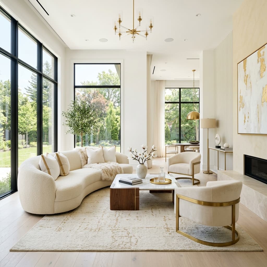Modern luxury living room with gold accents